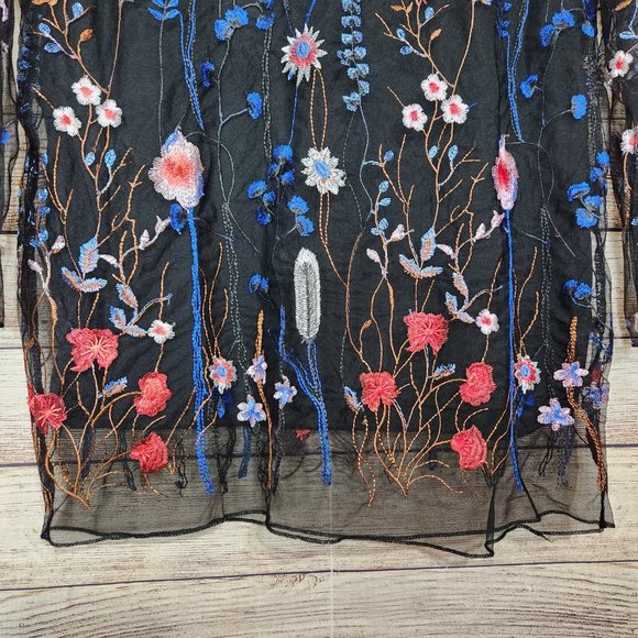 Sorrento Navy Blue Floral Embroidered Blouse Sheer Sleeves Women's Medium - Picture 3 of 13